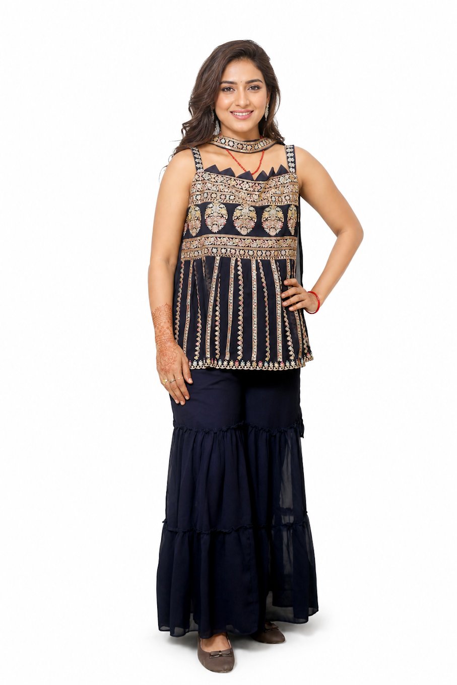 Women's Navy Blue Embroidered Kurta & Sharara Set
