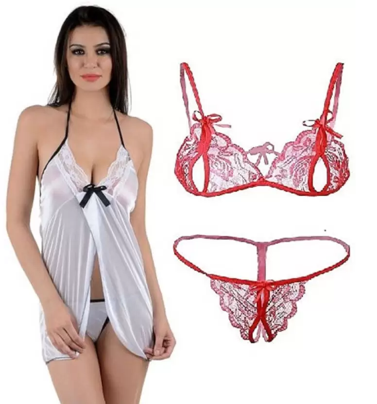 Women's Bra & Panty Set Self Design Silver, Red Lingerie Set (Size 30)