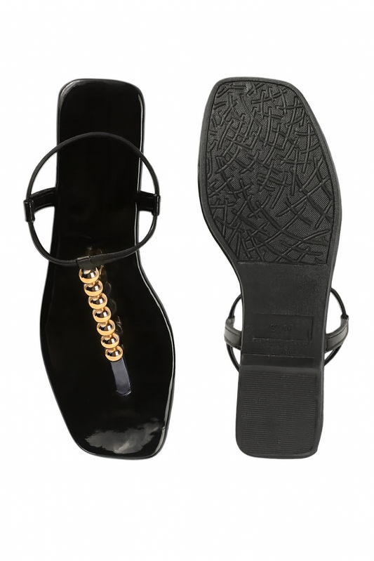 Black T-Strap Flats with Gold Ball Embellishment (Size-5 UK)