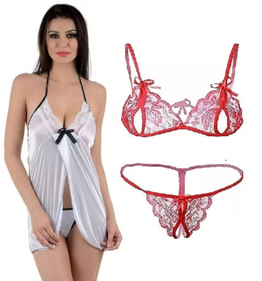 Women's Bra & Panty Set Self Design Silver, Red Lingerie Set (Size 32)