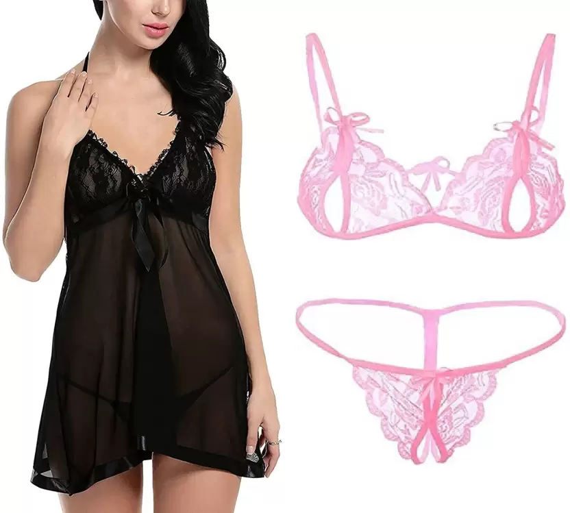 Women's Bra & Panty Set Self Design Black, Pink Lingerie Set (Size 40)