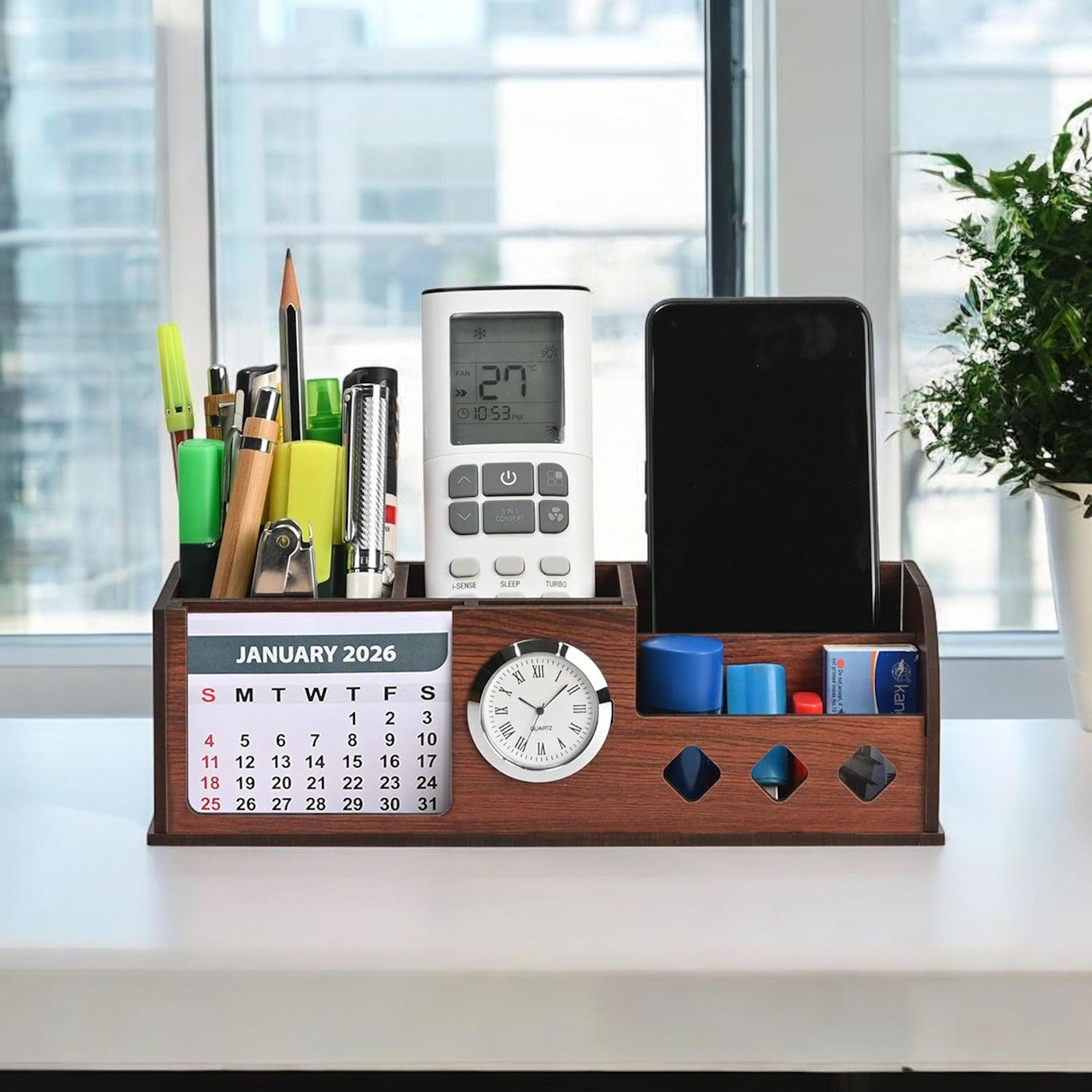 Wooden Desk Calendar 2026 with Clock