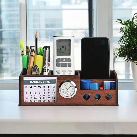 Wooden Desk Calendar 2026 with Clock