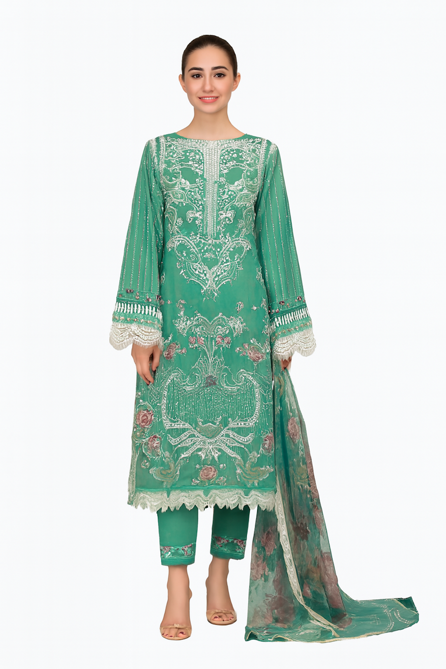 Women Embroidery Kurta Set-Ocean Green (Size-XS) | D05