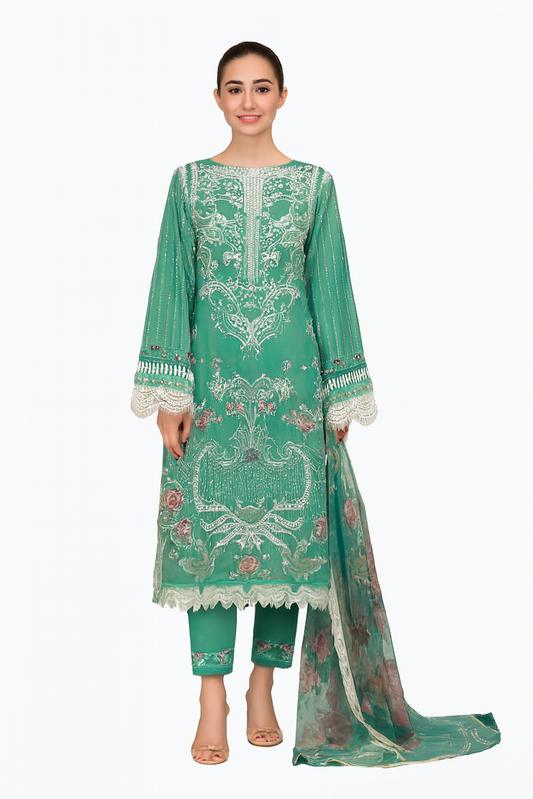 Women Embroidery Kurta Set-Ocean Green (Size-XS) | D05