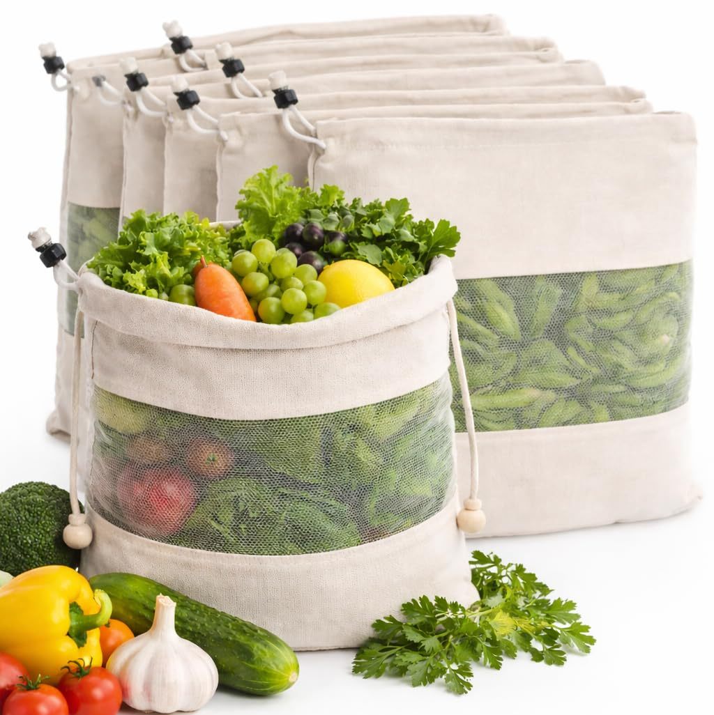Pack of 8 Reusable Vegetable Mesh Storage Bags