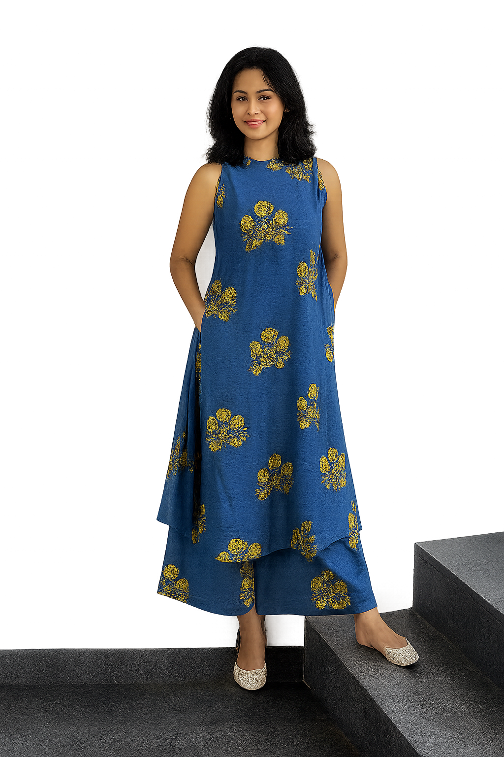 Floral Coord Set with Pockets Royal Blue (M)
