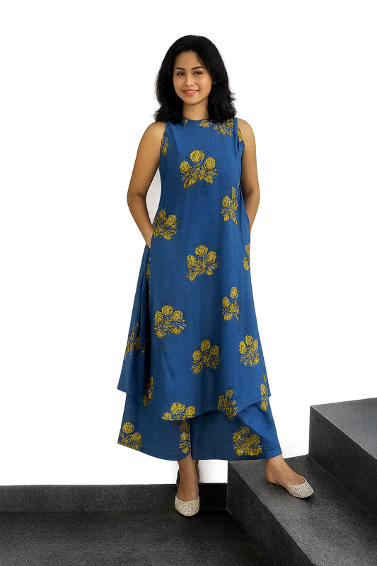 Floral Coord Set with Pockets Royal Blue (M)