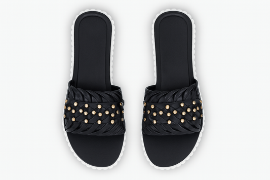 Women’s Black Braided Slide Sandals Casual Flat Slip-On Footwear