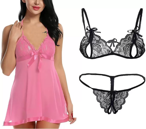 Women's Bra & Panty Set Self Design Pink, Black Lingerie Set (Size 40)