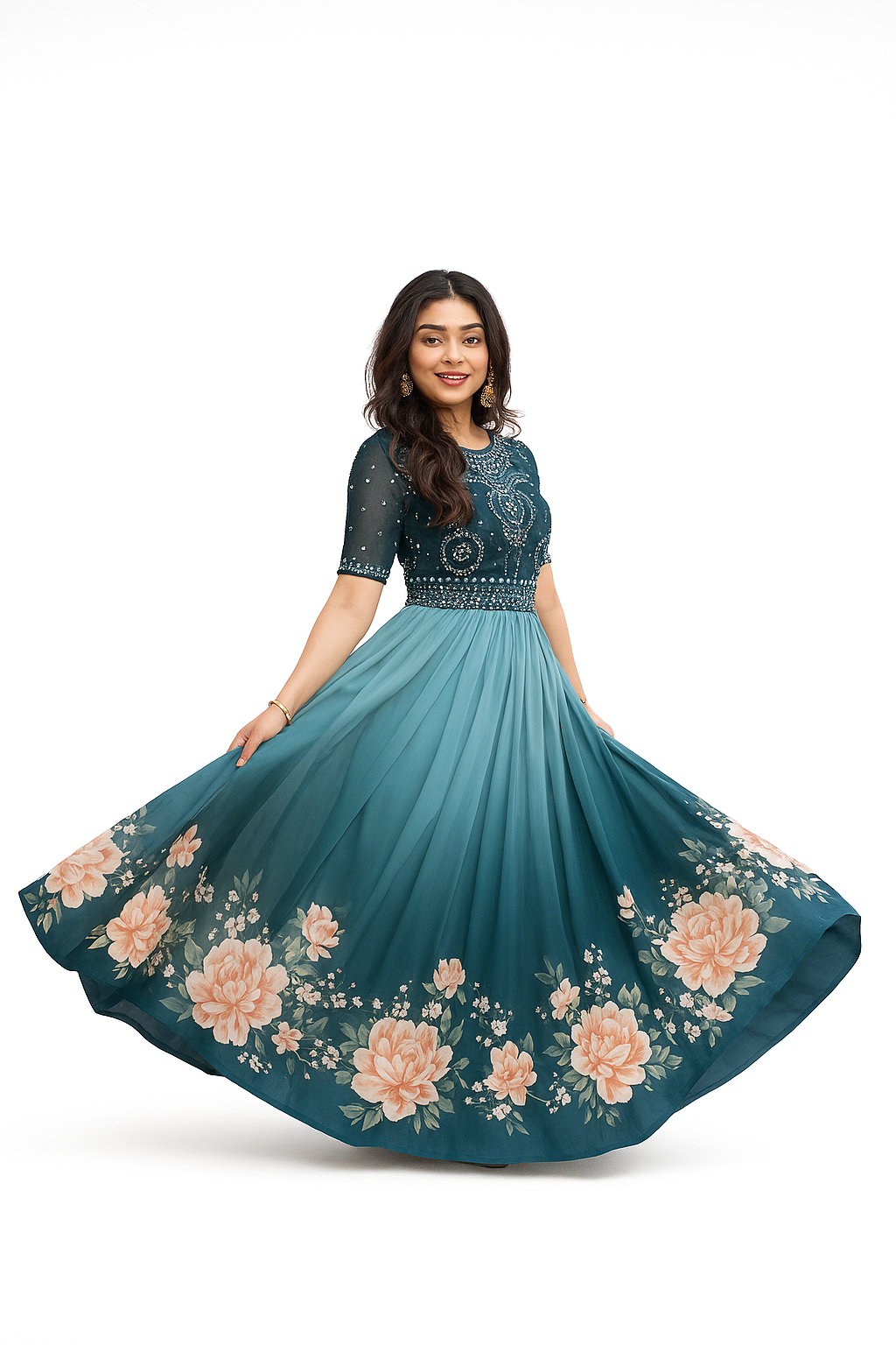 Teal Embroidered Floral Dress – Elegant Semi-Sheer Sleeves & Flowing