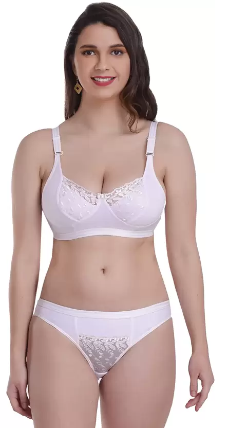 Women's Bra & Panty Set Self Design White Lingerie Set (Size 38)