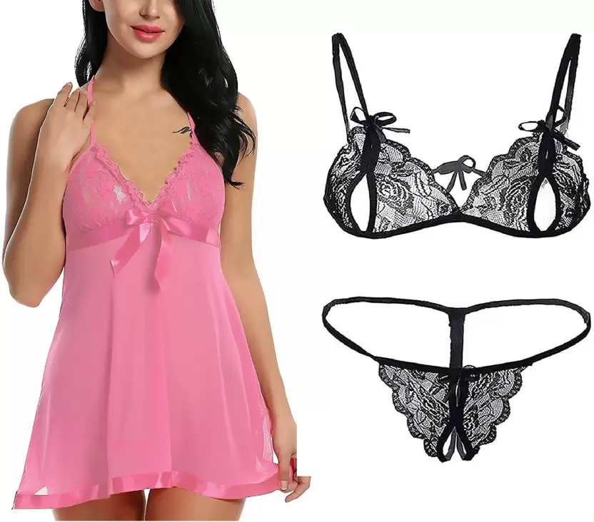 Women's Bra & Panty Set Self Design Pink, Black Lingerie Set (Size 38)