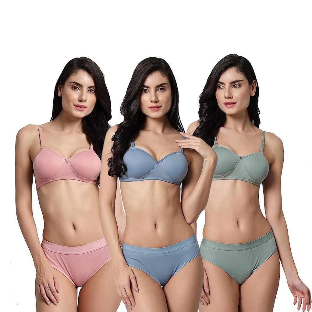Women's Cotton Half Cup Padded Bra Panty Sets in Bold Colors, Wire