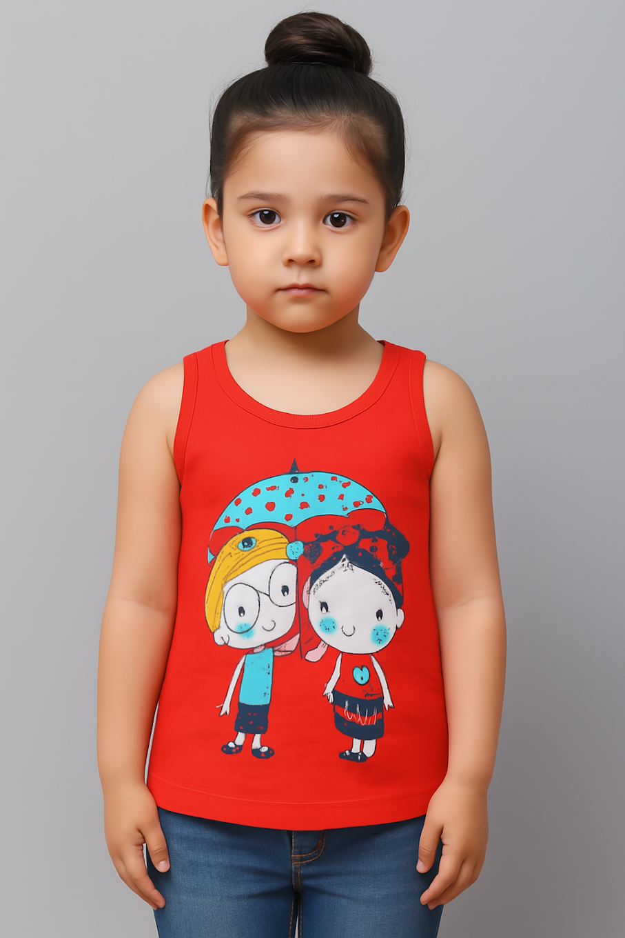Cotton Printed Sleeveless Tshirt for Girls-Red (Size-2-3 YEAR) | D126