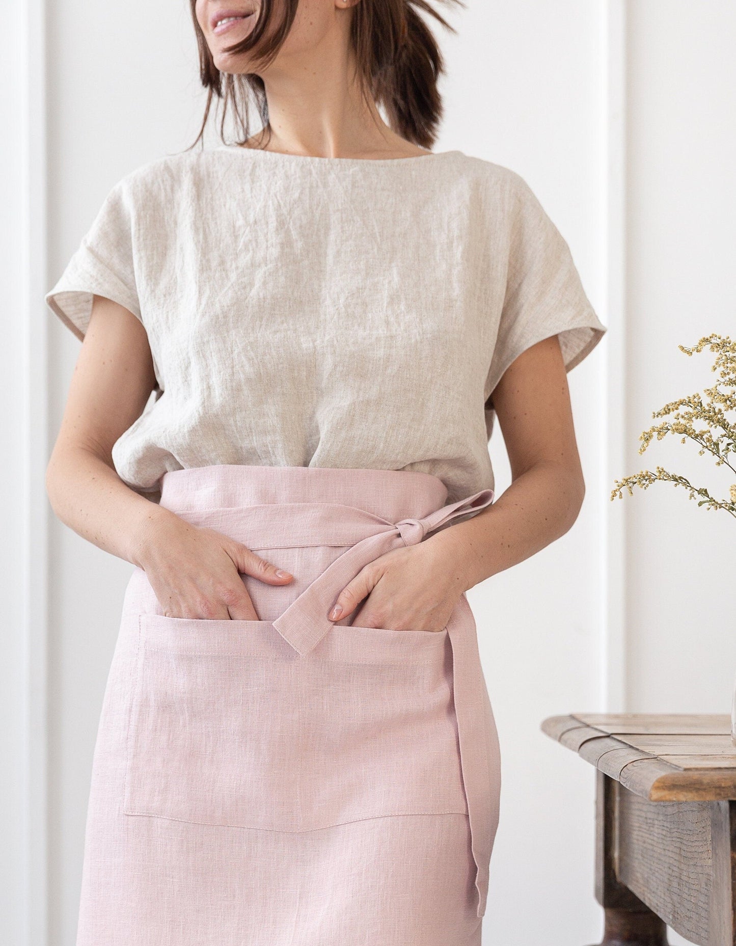 Pastel Plum linen waist apron