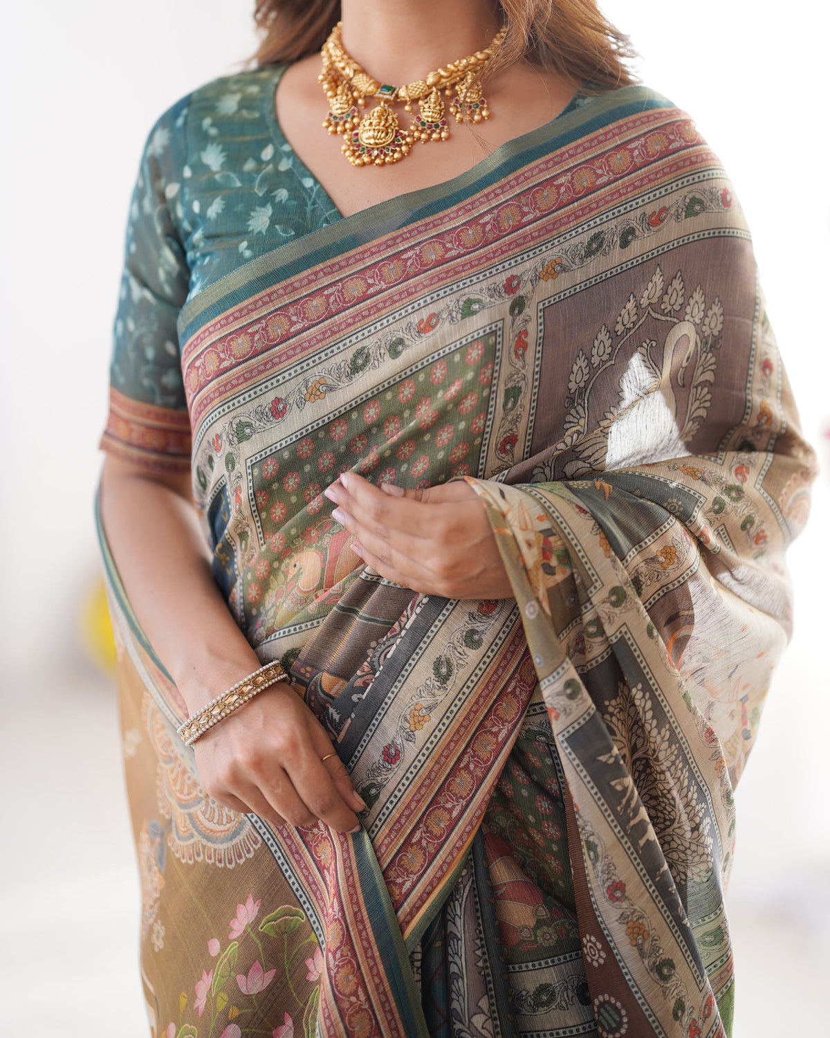 Teal Green & Brown Pure Linen Cotton Handloom Saree with Royal Cow &
