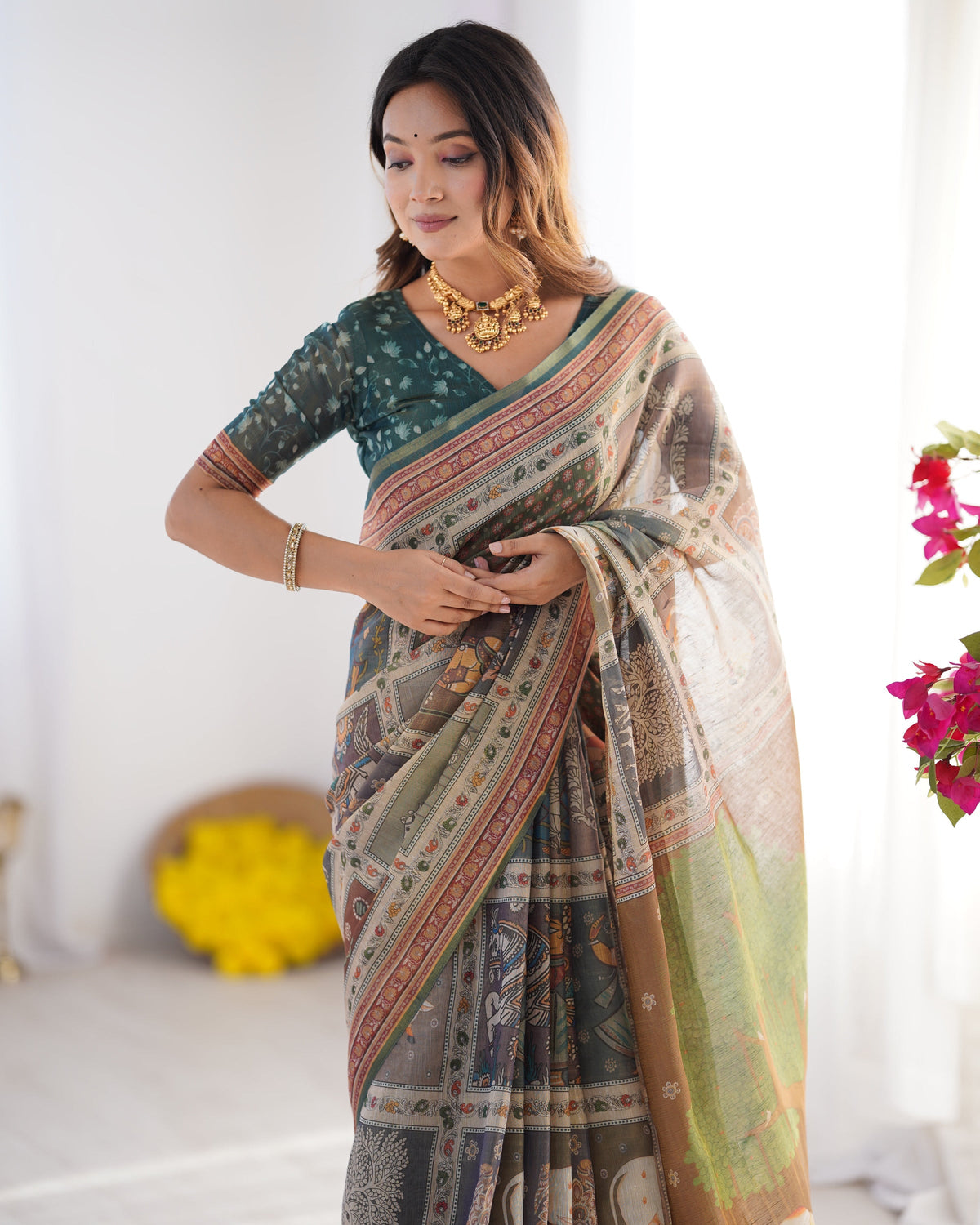 Teal Green & Brown Pure Linen Cotton Handloom Saree with Royal Cow &
