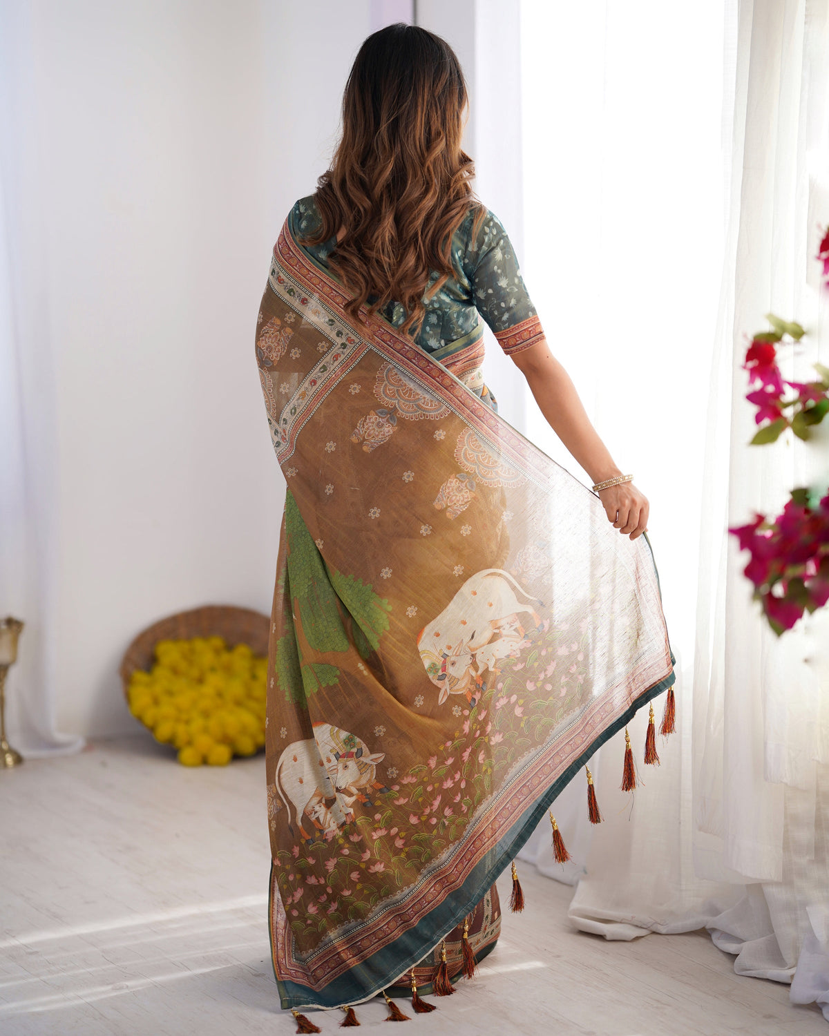 Teal Green & Brown Pure Linen Cotton Handloom Saree with Royal Cow &