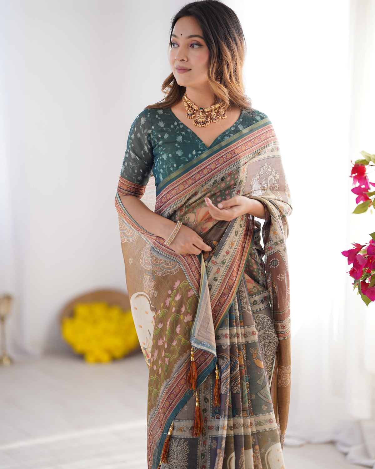 Teal Green & Brown Pure Linen Cotton Handloom Saree with Royal Cow &