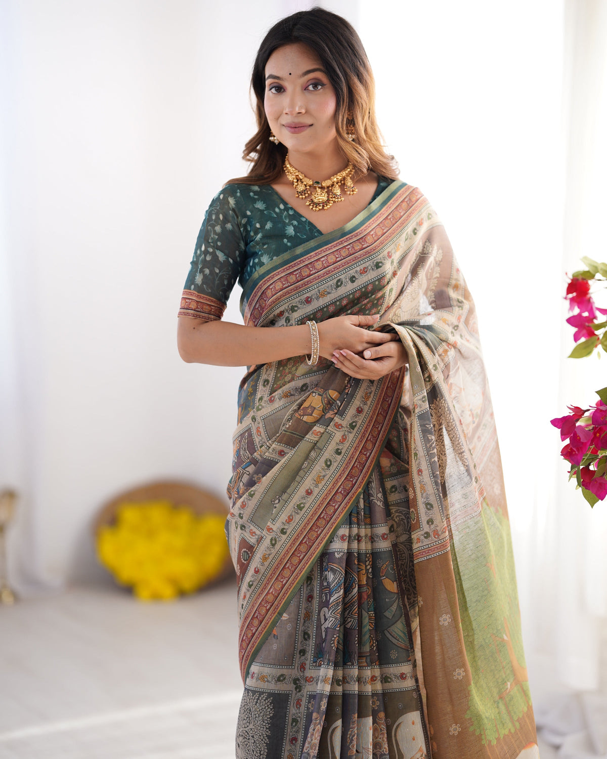 Teal Green & Brown Pure Linen Cotton Handloom Saree with Royal Cow &