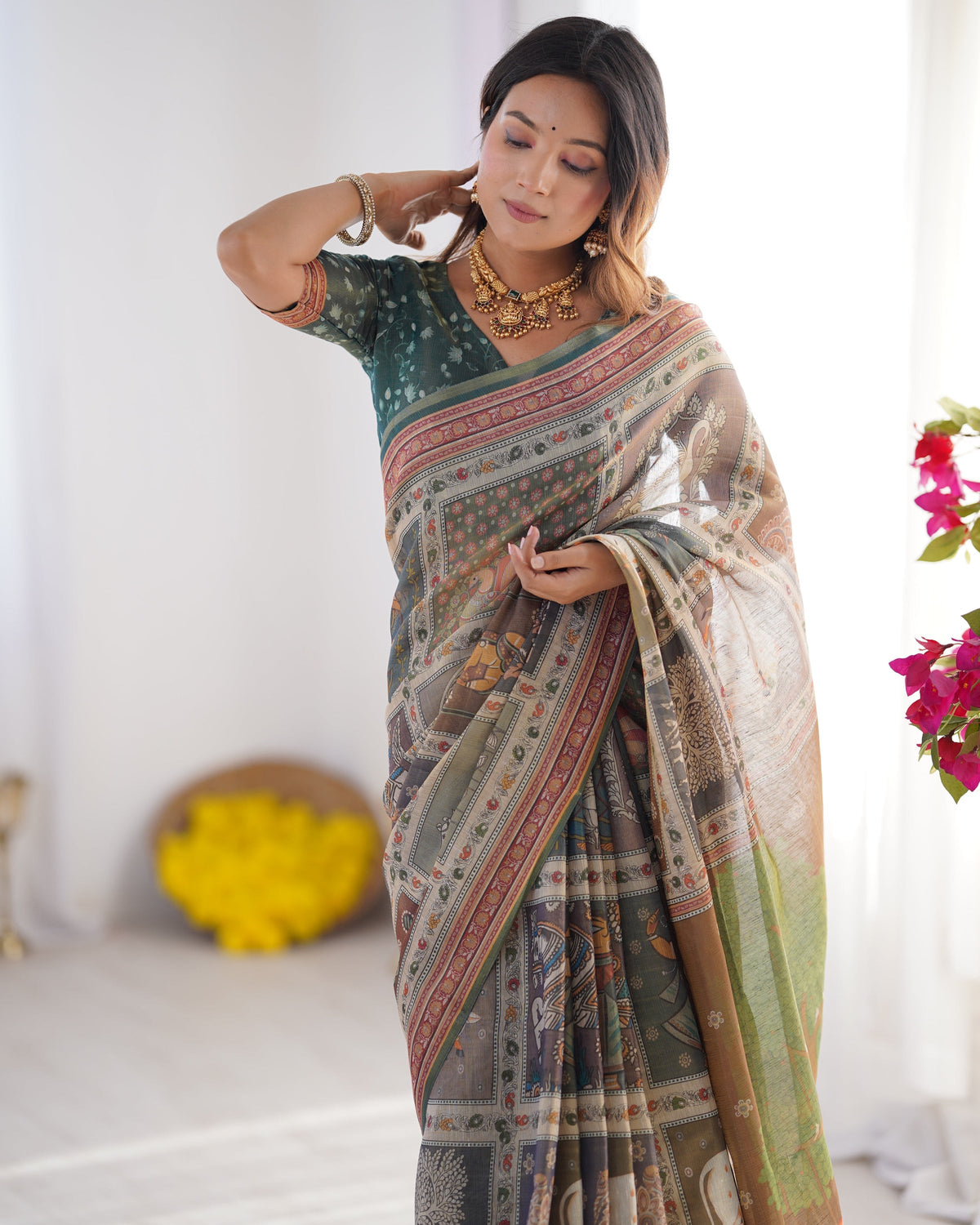 Teal Green & Brown Pure Linen Cotton Handloom Saree with Royal Cow &