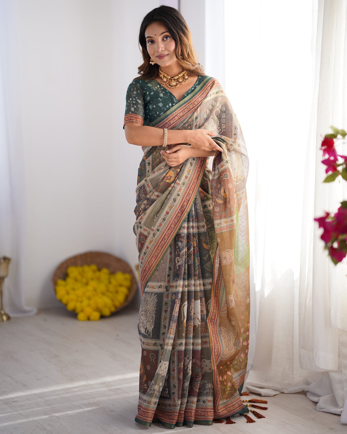 Teal Green & Brown Pure Linen Cotton Handloom Saree with Royal Cow &