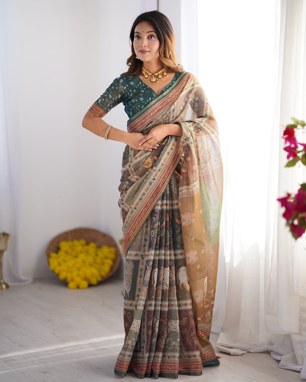 Teal Green & Brown Pure Linen Cotton Handloom Saree with Royal Cow &