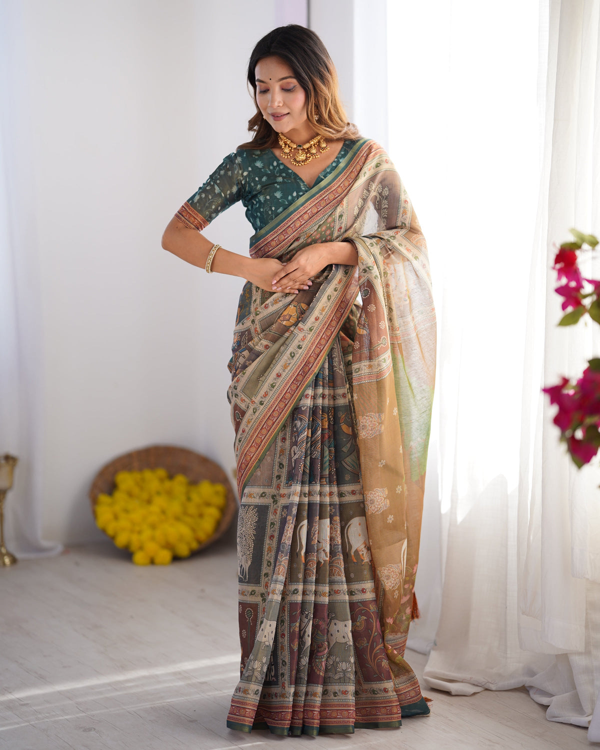 Teal Green & Brown Pure Linen Cotton Handloom Saree with Royal Cow &
