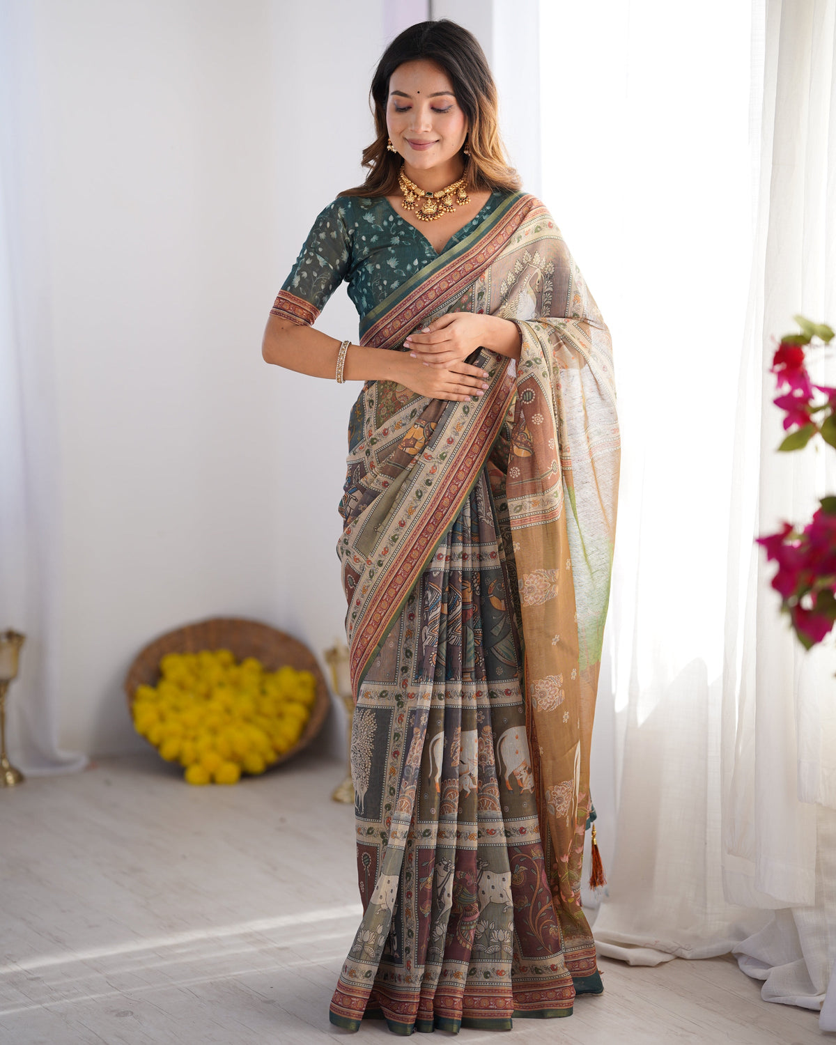 Teal Green & Brown Pure Linen Cotton Handloom Saree with Royal Cow &