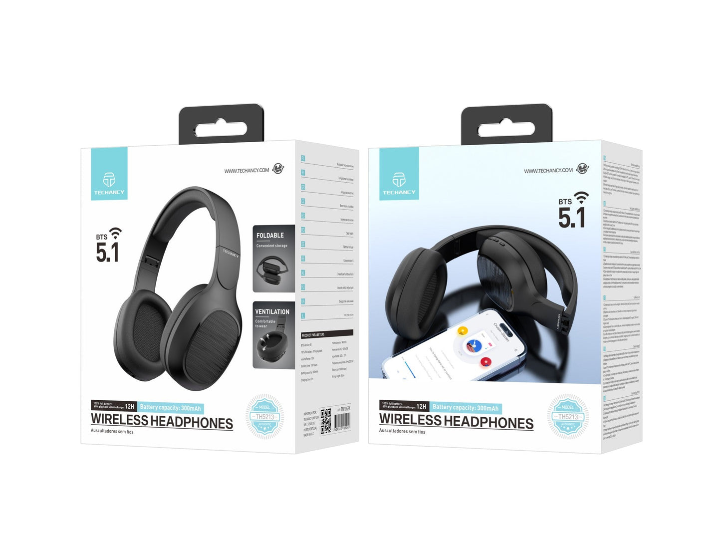 Techancy Auscultadores Sem Fios TH5213, Reprodução De Música 12h,