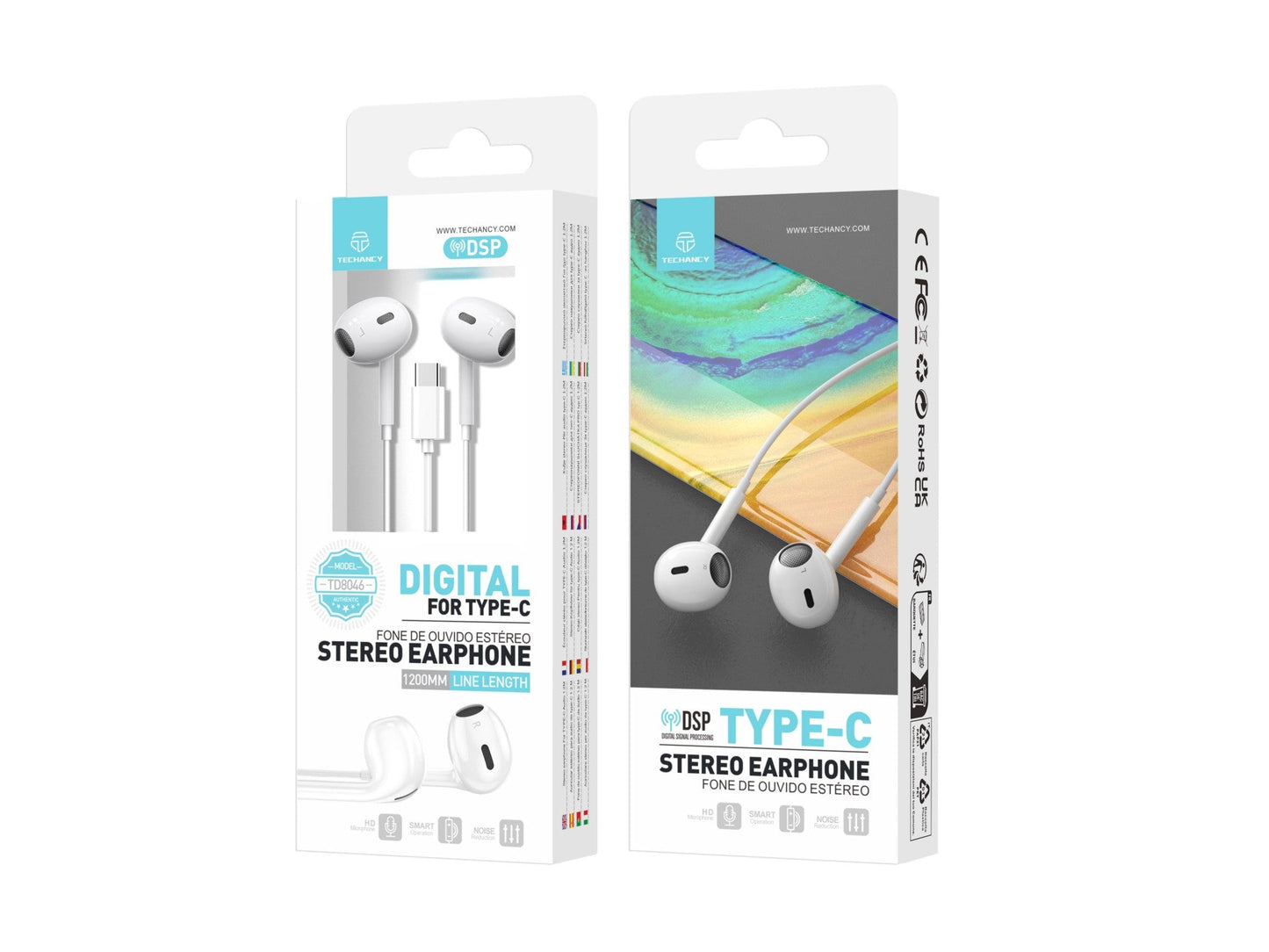 Techancy Auricular Estéreo Tipo C Branco  TD8046, Com Microfone,