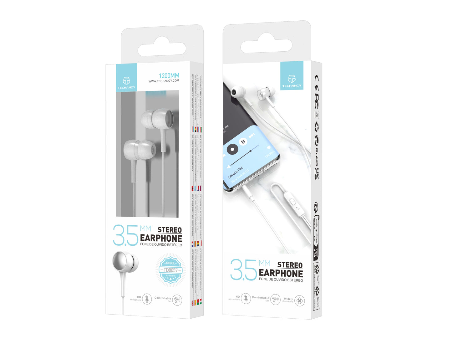 Techancy Auscultadores Intra-Auriculares Com Fios Brancos 1,2 M