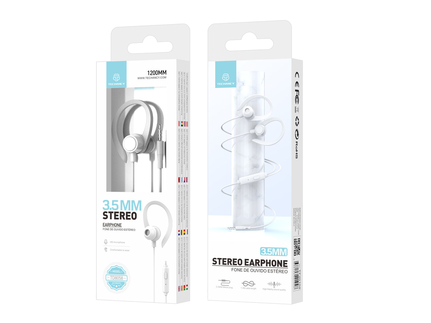 Techancy Auriculares stereo 3.5MM TD8058 cabo 1.2M com microfone