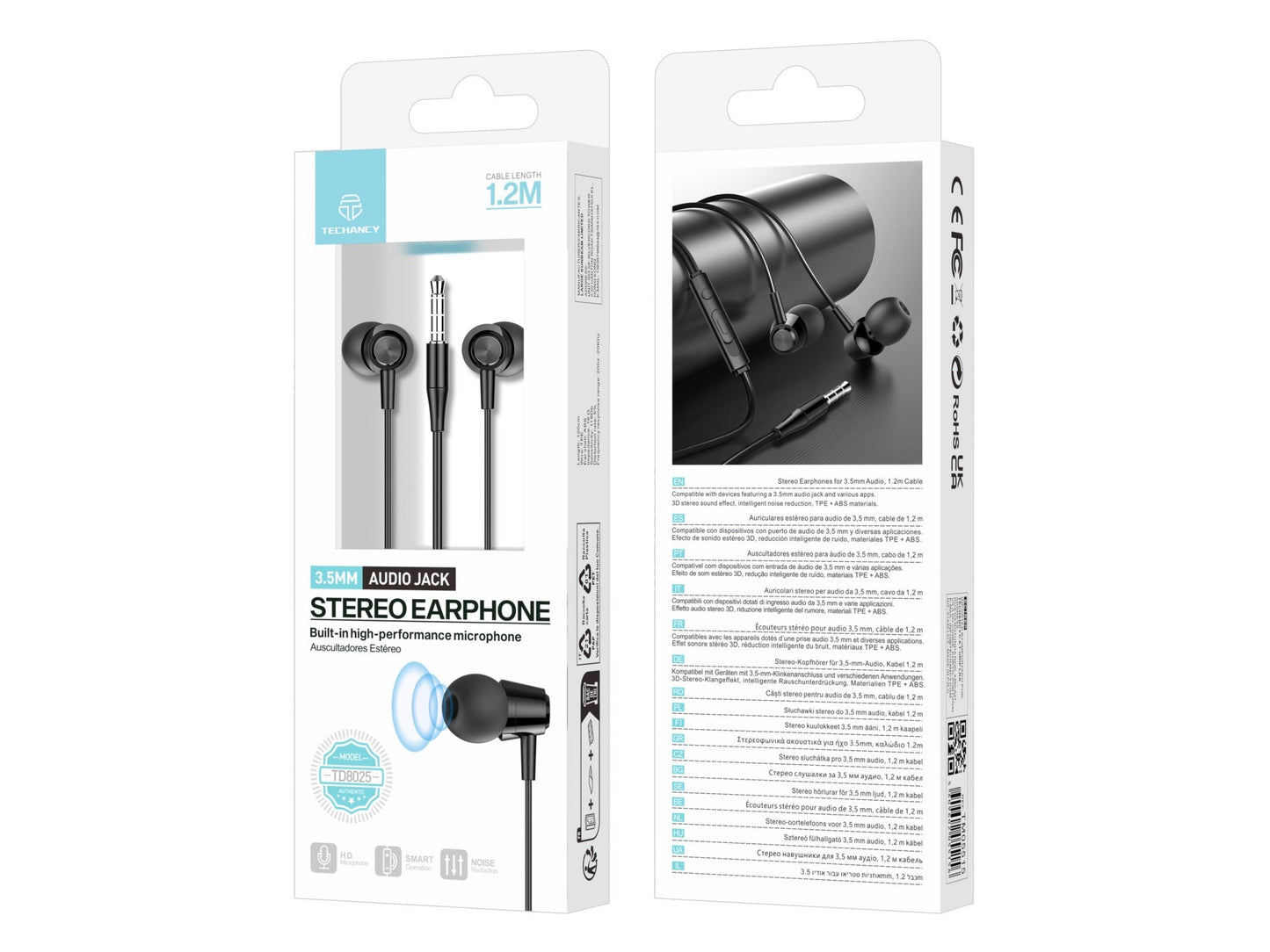 Techancy Auriculares Intra TD8025 Fio 3.5mm Estereo com Microfone Cabo