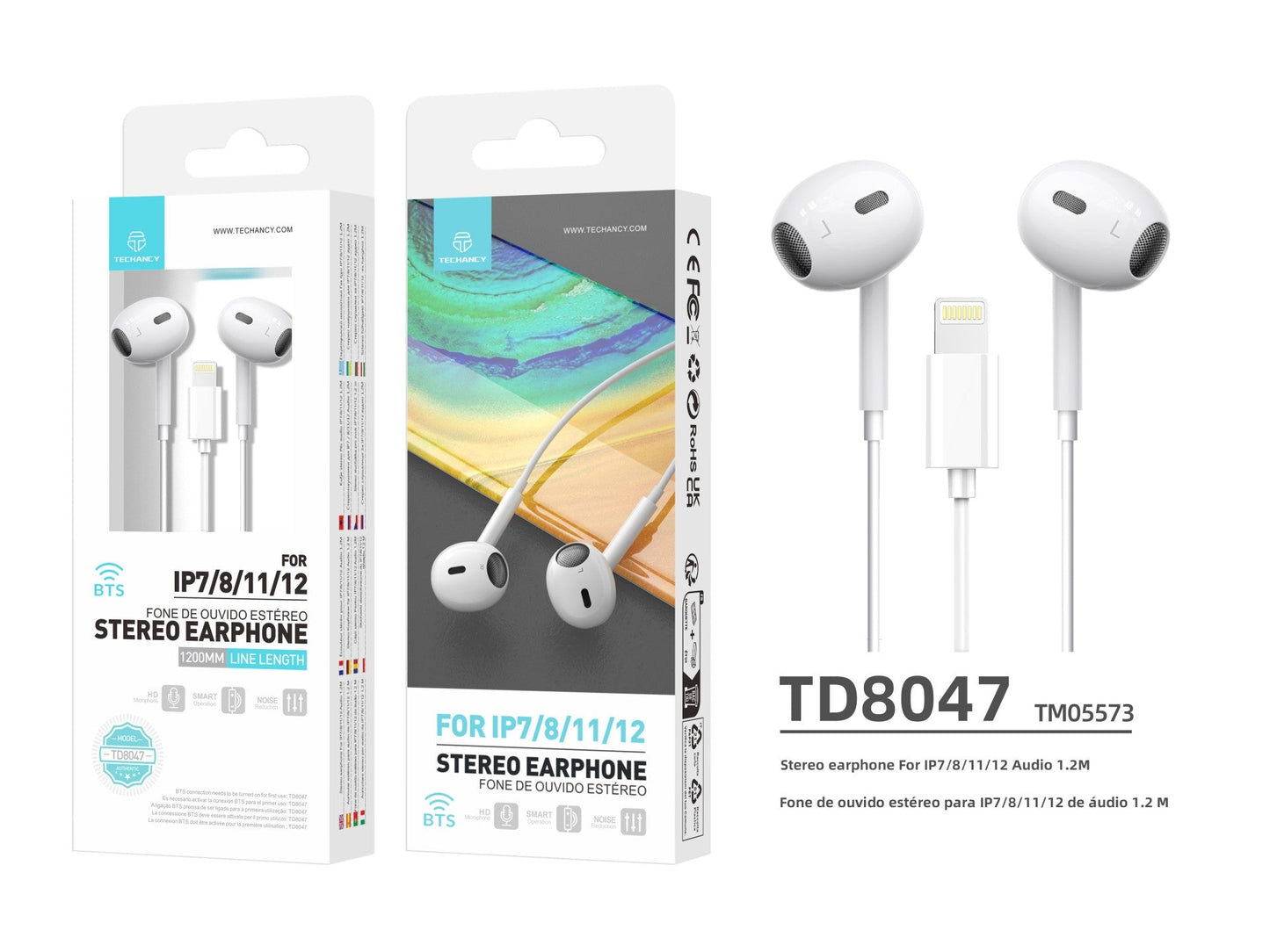 Techancy Auricular Estéreo Lightning Branco  TD8047, Com Microfone,