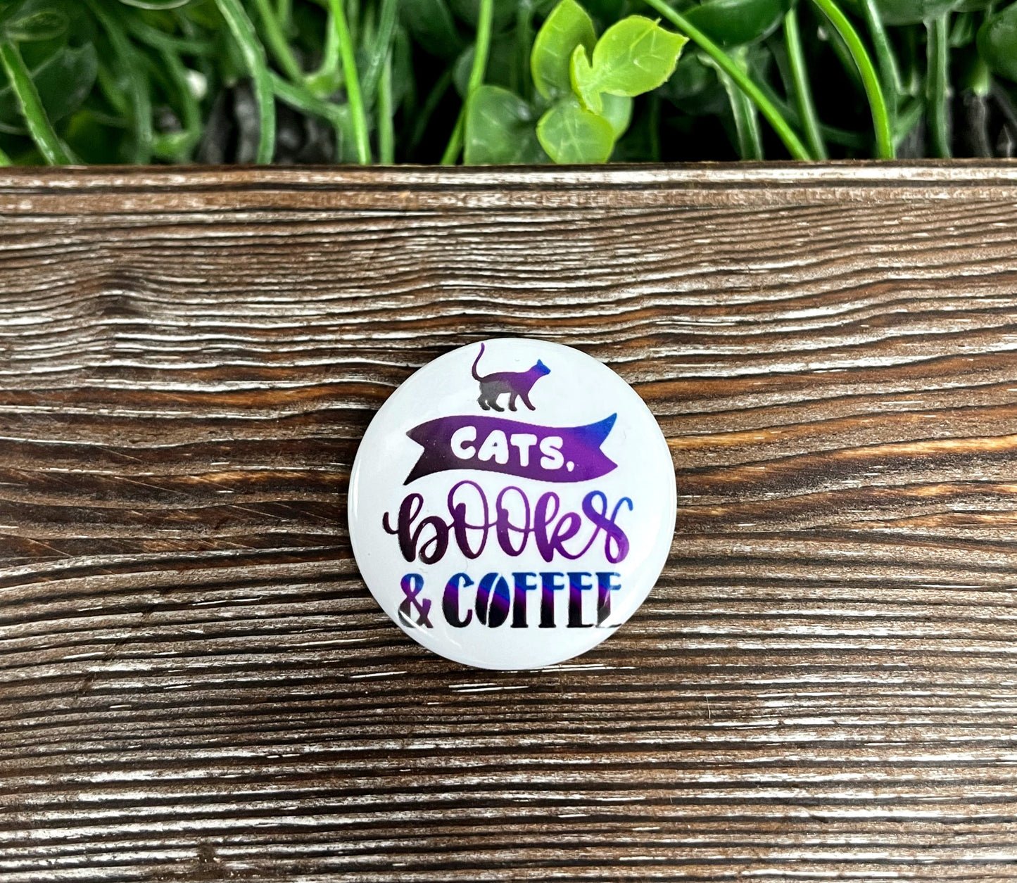Cats Books and Coffee, Graphic Art Button / Pin 1.25” , Purple and