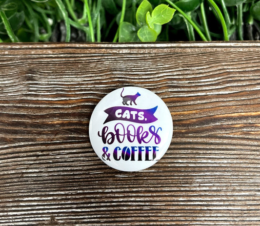 Cats Books and Coffee, Graphic Art Button / Pin 1.25” , Purple and