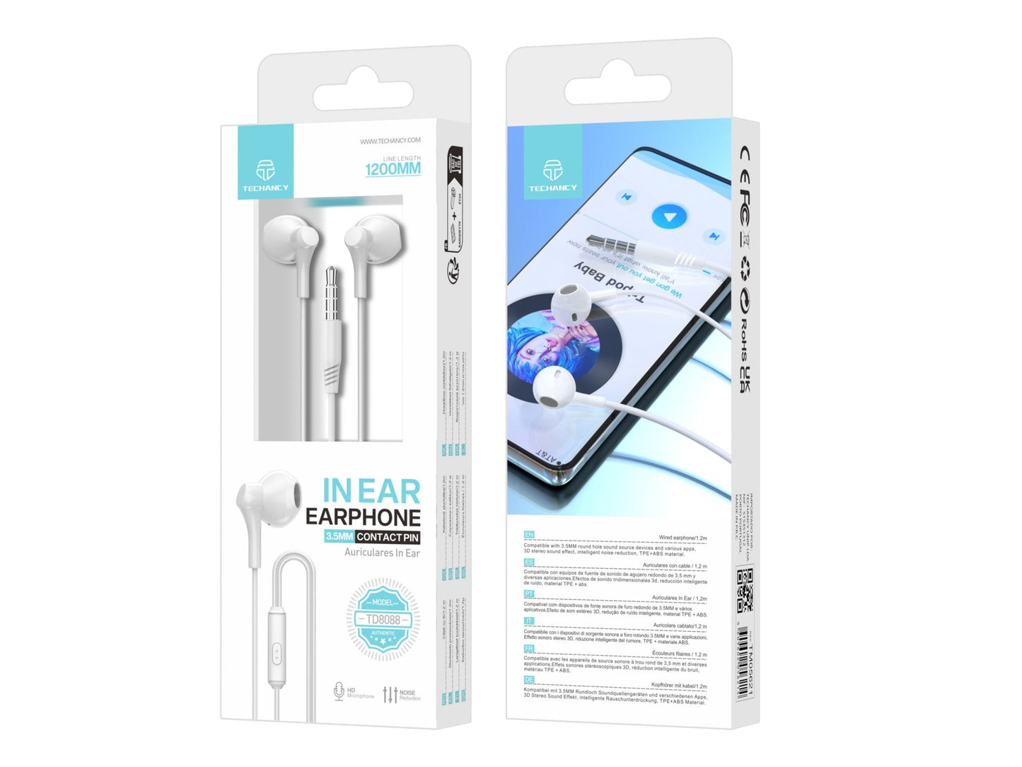 Techancy Auscultadores Intra-Auriculares 1,2 M Brancos TD8088, 3,5 Mm