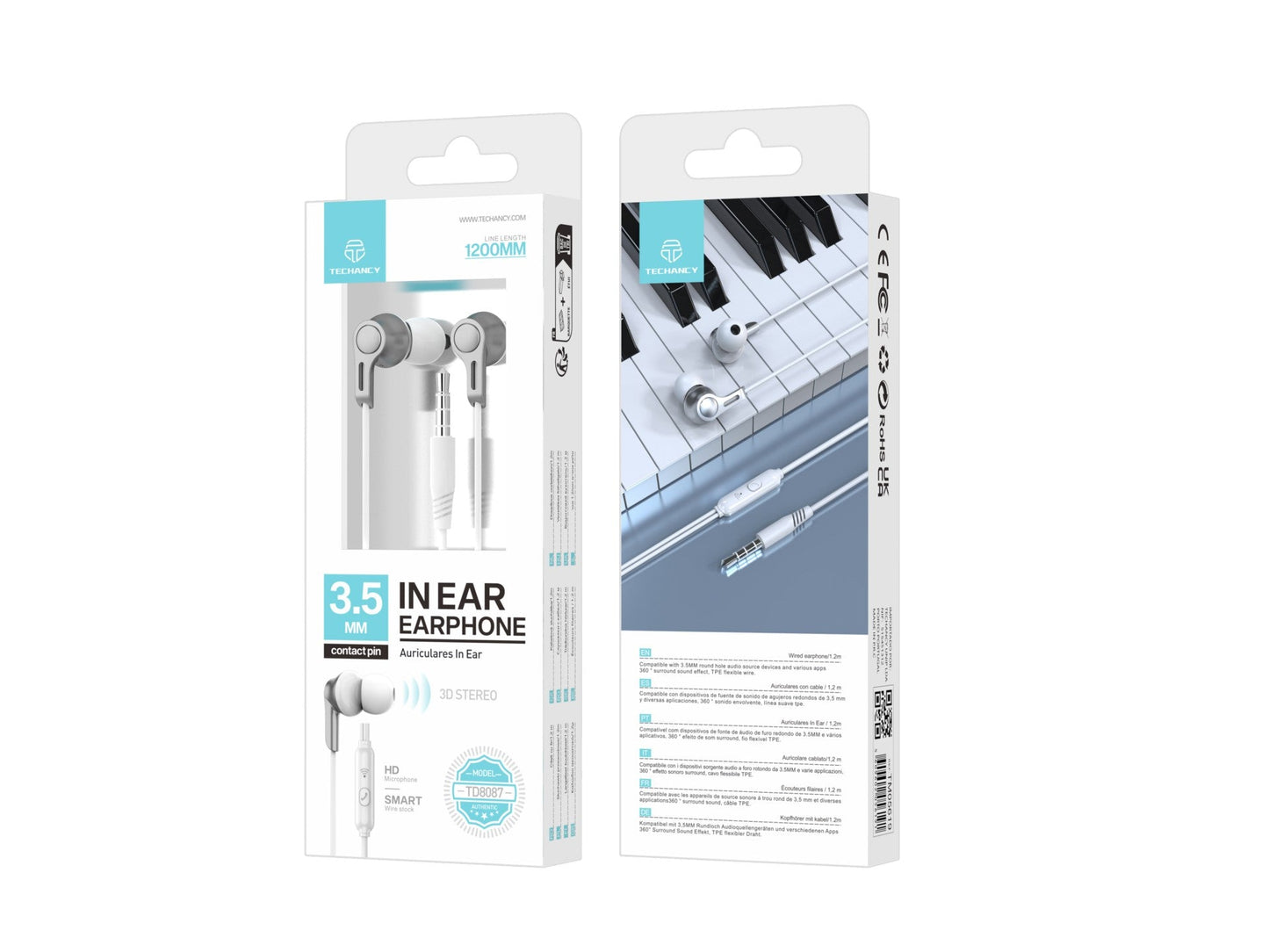 Techancy Auscultadores Intra-Auriculares De 3,5 Mm Brancos De 1,2 M