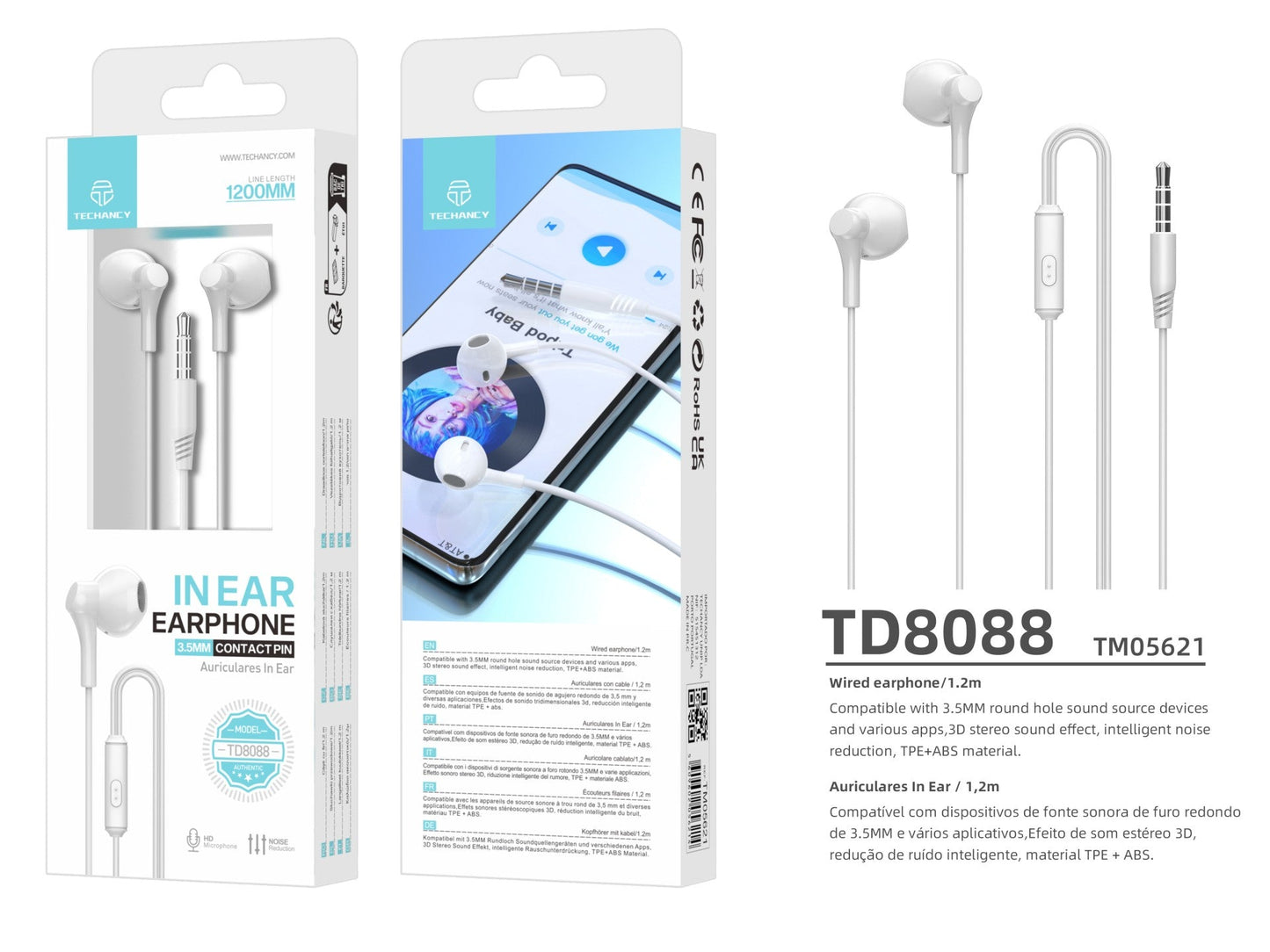 Techancy Auscultadores Intra-Auriculares 1,2 M Brancos TD8088, 3,5 Mm