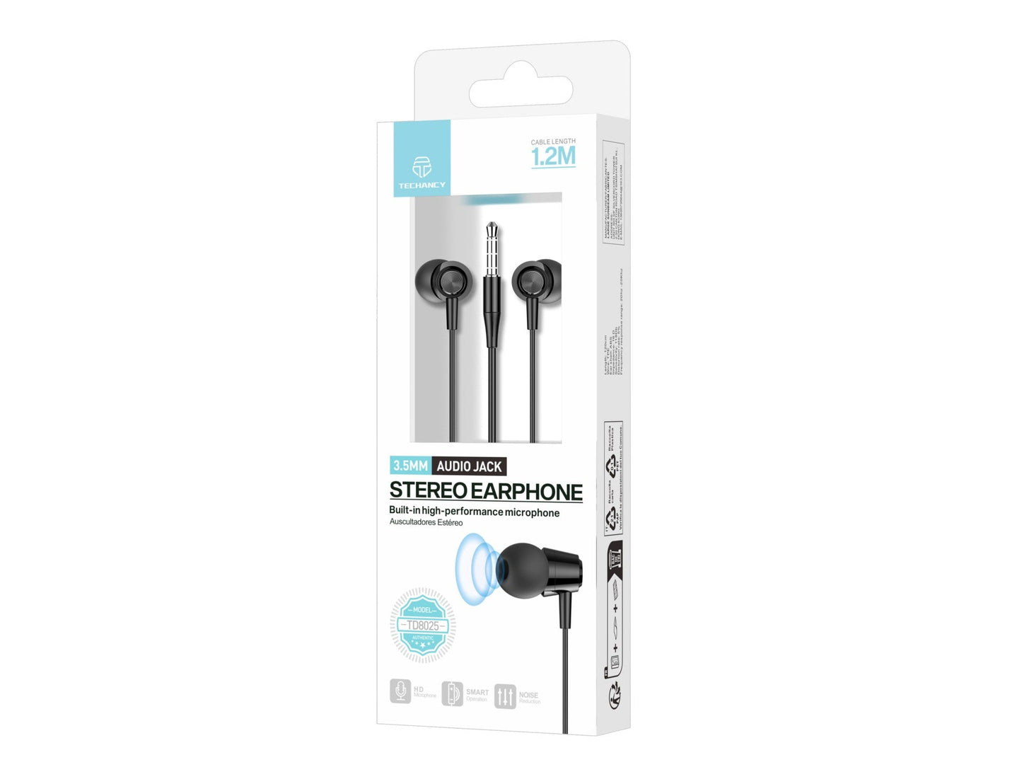 Techancy Auriculares Intra TD8025 Fio 3.5mm Estereo com Microfone Cabo