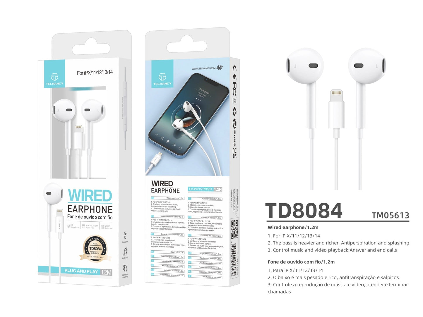 Techancy Auricular Com Fios TD8084, Plug And Play, Compatível Com