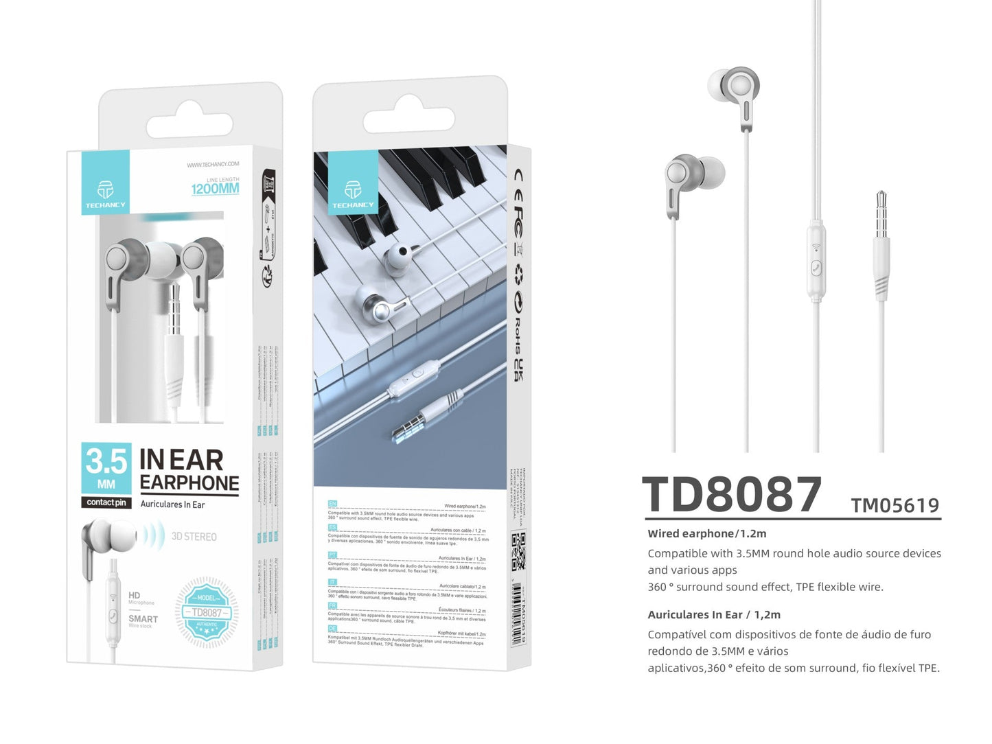 Techancy Auscultadores Intra-Auriculares De 3,5 Mm Brancos De 1,2 M