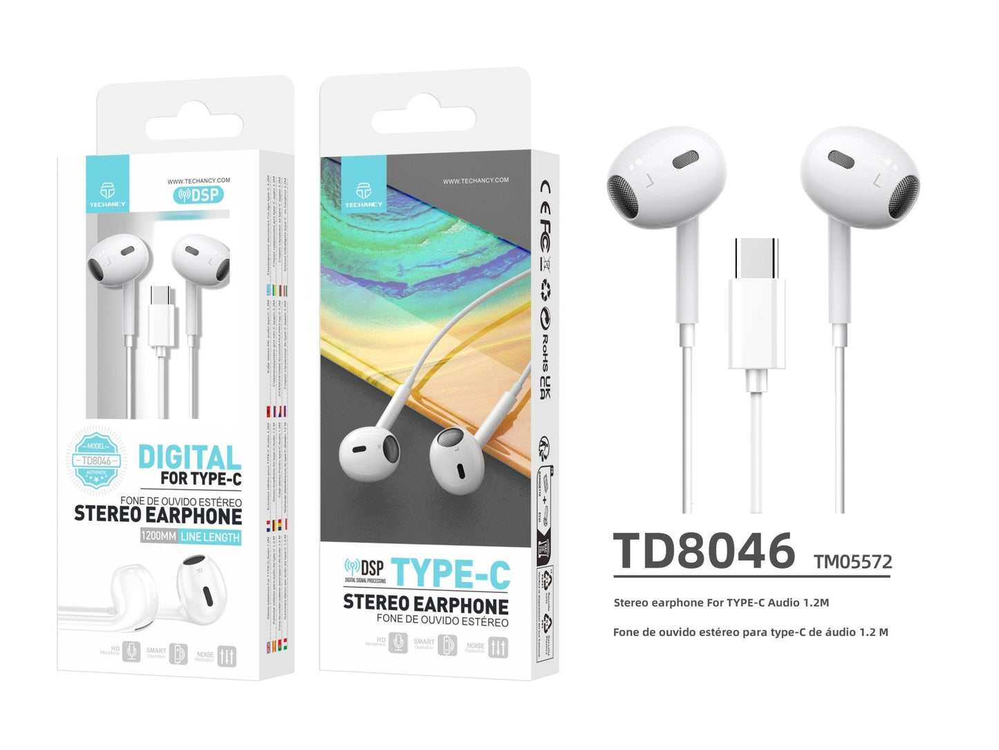 Techancy Auricular Estéreo Tipo C Branco  TD8046, Com Microfone,