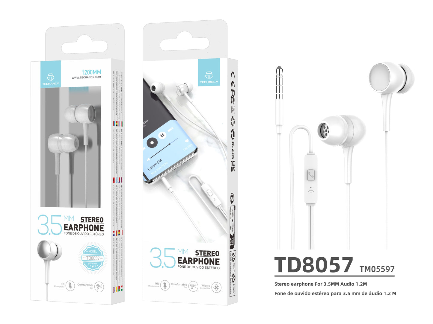 Techancy Auscultadores Intra-Auriculares Com Fios Brancos 1,2 M