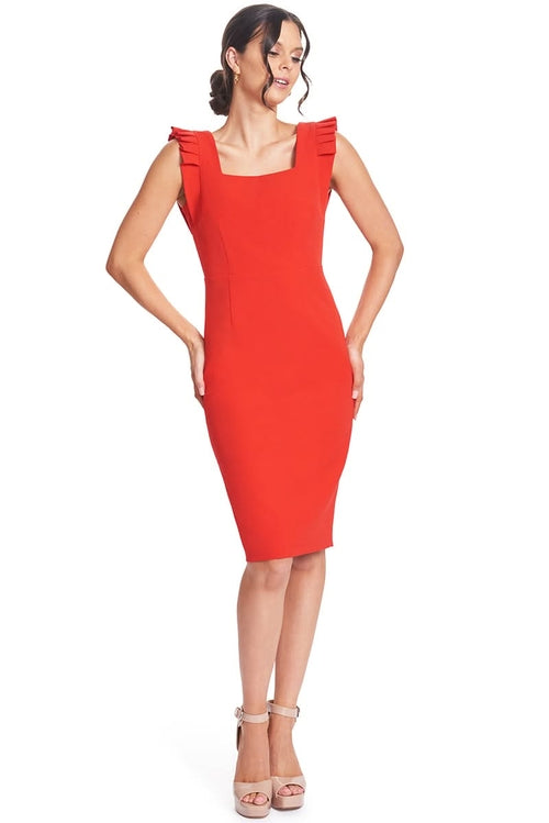 Monarch Dress - Red Midi Sheath Dress with Pleated Shoulder Detail &