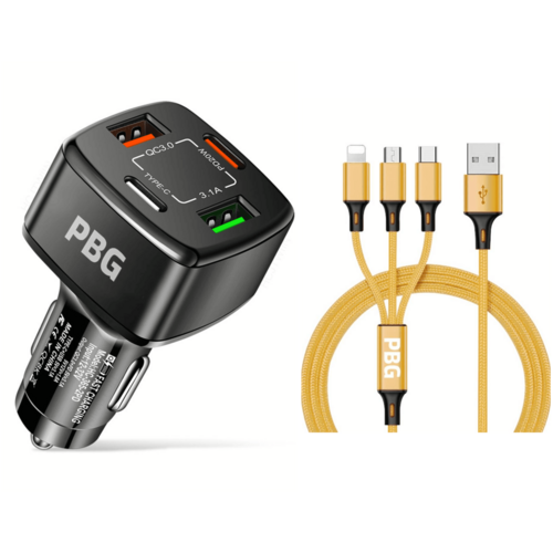 PBG 4 Port Car Charger and 4FT - 3 in 1 Nylon Cable Combo