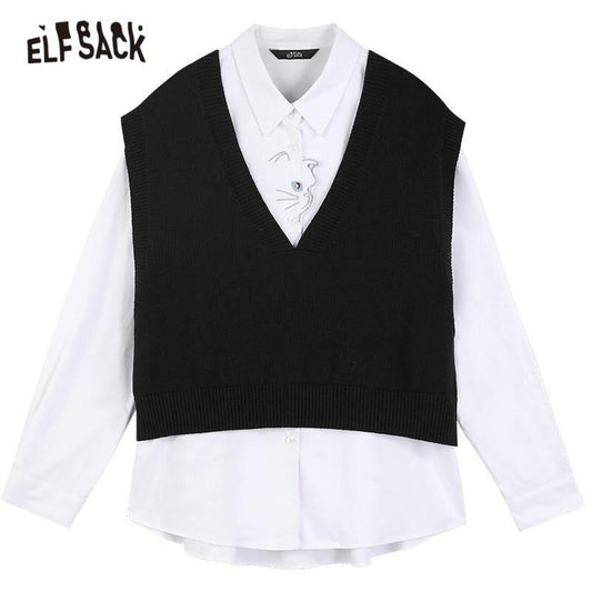 Cat Embroidery Pullover Casual 2-IN-1 Shirt Women,Spring Stylish