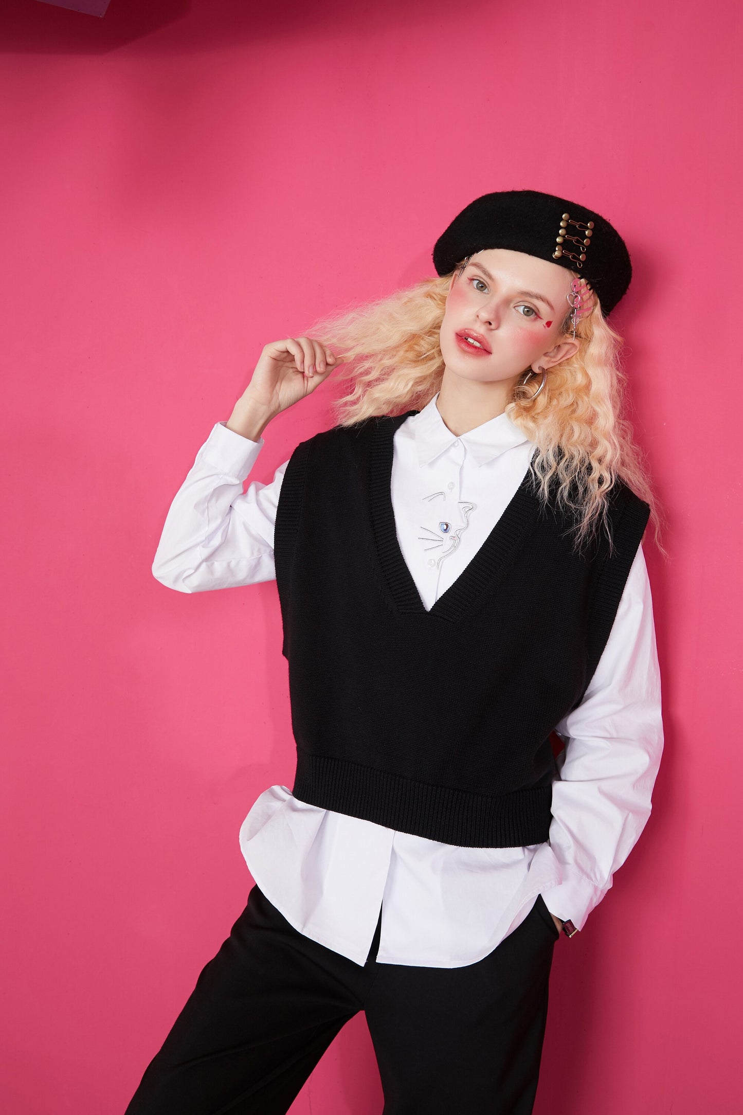 Cat Embroidery Pullover Casual 2-IN-1 Shirt Women,Spring Stylish